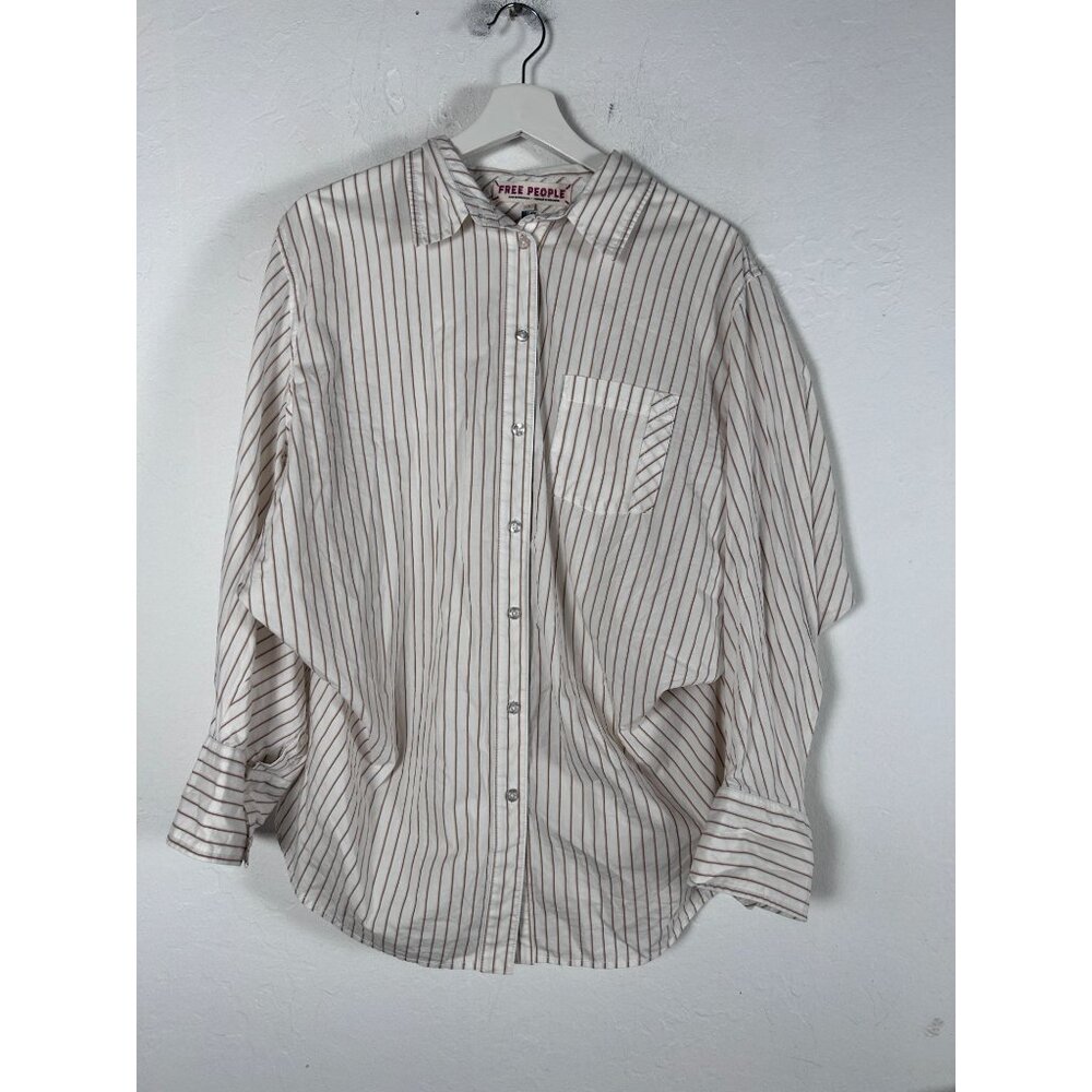 Free People Womens Ivory Brown Blair Striped Button-Up Oversized Shirt Small New